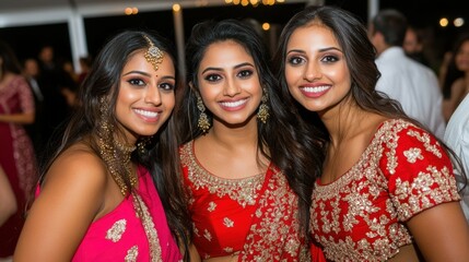 Obraz premium Three women in red and gold clothing are smiling for the camera. They are dressed in traditional Indian clothing and appear to be at a party