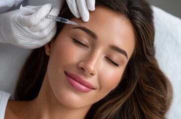 A beautiful woman in her thirties is having Botox treatment on the forehead of an attractive model lying down, she has long hair and wears white with medical gloves covering it's head