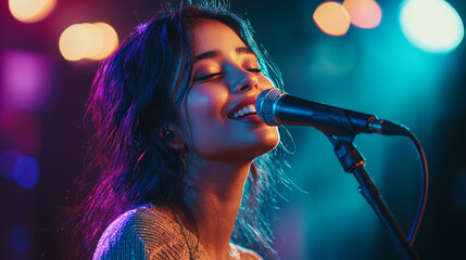 young indian woman singing with microphone