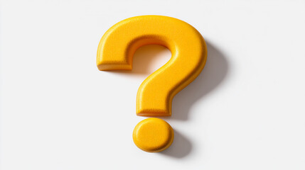Yellow question mark, textured surface, against white background, symbolizing inquiry, uncertainty, or FAQ concept