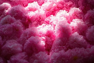 Close-up view of many soft pink blossoms.
