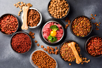 A large selection of food for dogs and cats. Top view. A type of nutritious food.