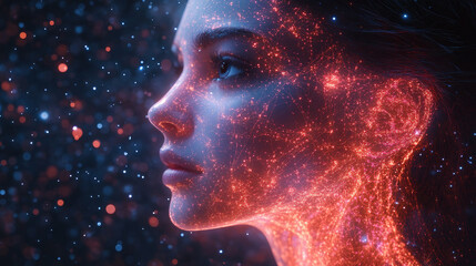 Futuristic AI Woman with Neural Network Face in a Digital Universe