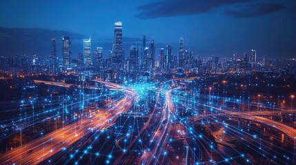 Obraz premium Smart City at Night with Network Connections