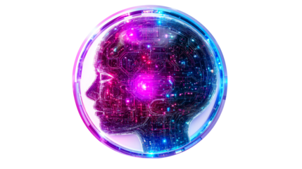 Circuit head profile in neon circle, cut out transparent