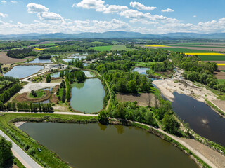 Aerial drone view of beautiful yellow fields rapeseed.Village country farming shapes in fields....