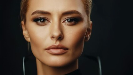 Confident woman wearing sunglasses with serious expression in dark studio, showcasing modern fashion style. Beautiful middle aged caucasian woman taking off glasses and looking at camera and away