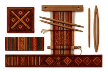 A collection of woven textile pieces and tools, showcasing intricate patterns and vibrant colors. Concept Woven Textile Art, Intricate Patterns, Vibrant Colors, Textile Tools, Craftsmanship Showcase