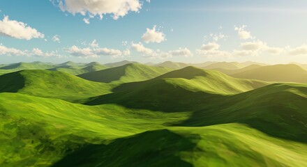 Fototapeta premium Aerial View Lush Green Rolling Hills Sunny Day