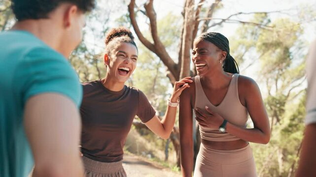 Talking, laugh and friends in park for running, cardio workout and exercise for wellness in morning. Fitness, runner group and men and women in funny conversation on break, relax or rest for training