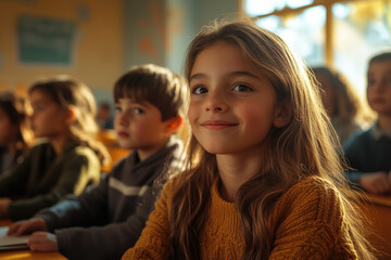 Obraz premium In the classroom, a cute child is smiling brightly, and various young students are sitting and listening to the lesson.