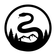 Black snake inside circle with mountain and tree silhouettes suitable for branding