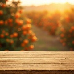 Photo Orange Fruit on Wooden Table at Sunset Farm Background