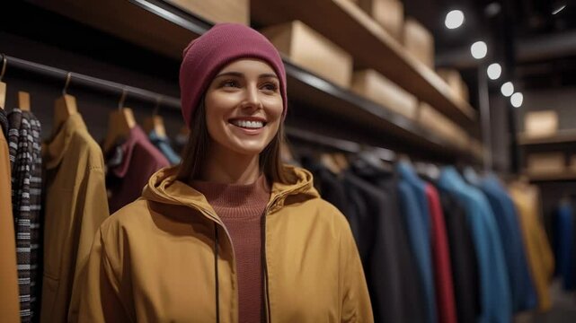 Smiling woman in trendy winter outfit at clothing store during shopping experience