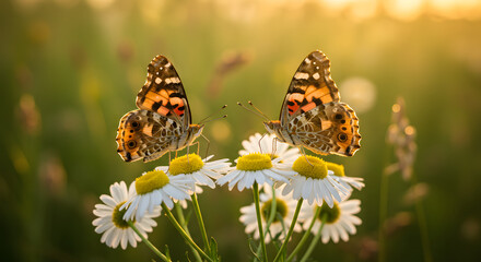 Obraz premium Two butterflies on daisies in sunlight showcasing natural beauty in a field