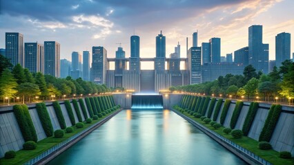Modern cityscape featuring tall skyscrapers, a central canal, green spaces, and a dramatic architectural water feature under a partly cloudy sky.