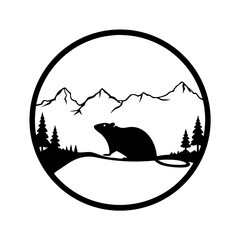 Silhouette of a rat with mountainous scenery framed in a circular design