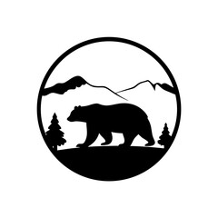 Silhouette of bear in circle with mountains and trees representing wildlife