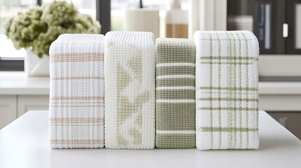 Elegant set of folded kitchen towels showcasing diverse patterns and colors