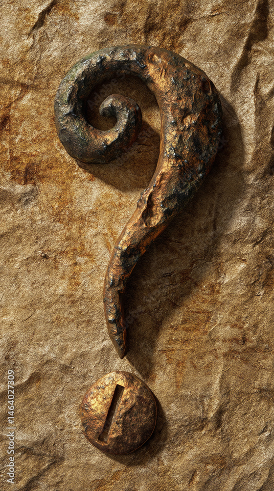 Poster Stone question mark and exclamation point on textured background, suggesting enigma, mystery, or a need for answers, ideal for intrigue or suspense concepts