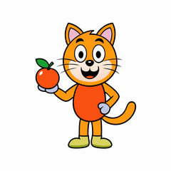 Smiling cartoon cat with orange apple illustration on transparent background