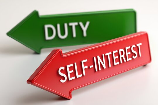 Conflict of Interest concepts. Two opposing arrows labeled "DUTY" and "SELF-INTEREST" symbolize a conflict between personal gain and moral obligation.