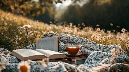 Relaxing holiday afternoon with books, tea, and blankets under the sun.