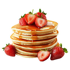 Fluffy pancakes stacked high with fresh strawberries and maple syrup, isolated on white transparent background, concept of delicious breakfast treat