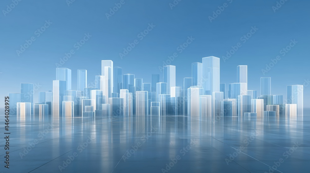 Poster 3d rendered glass skyscrapers on gradient blue backdrop with minimalist urban landscape and empty fl