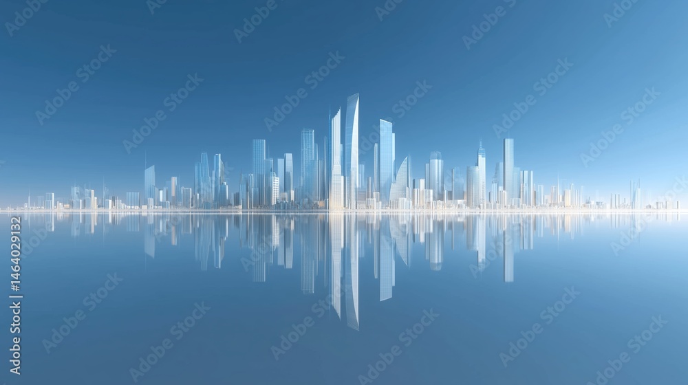 Poster 3d rendered glass skyscrapers on gradient blue backdrop with minimalist urban landscape and empty fl
