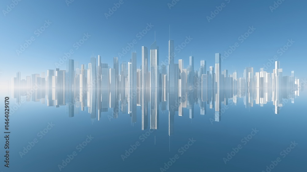 Poster 3d rendered glass skyscrapers on gradient blue backdrop with minimalist urban landscape and empty fl
