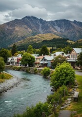 Naklejka premium Picturesque Town with Mountain Backdrop in New Zealand Landscape