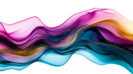 Fluid waves with gold sparkle, purple and teal ribbon, cut out transparent