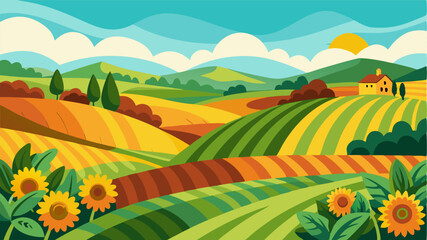 Obraz premium The rolling farmlands are a symphony of colors with vibrant fields of corn soybeans and sunflowers filling the valleys and crests of the hills.