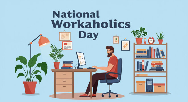 Flat Illustration of Man Working at Home Desk for National Workaholics Day Concept