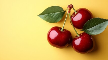 Obraz premium Three Ripe, Red Cherries, With Stems and Leaves, Isolated on a Vibrant Yellow Background.