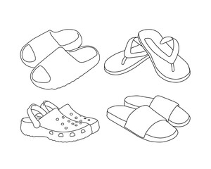 Vector set of summer sandals: flip-flops, slides, crocs, and beach slippers. Fun casual footwear illustration, perfect for summer, vacation, or beach-themed designs.