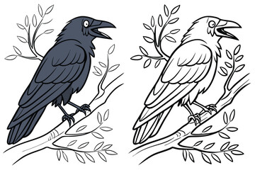 76 Cartoon crows, side-by-side comparison, black and white outline, colored illustration, corvid anatomy, detailed feathers, sharp beaks, intelligent eyes, perched birds, educational diagram, ornithol