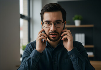 Serious Man in Glasses on the Phone in the Office Photo