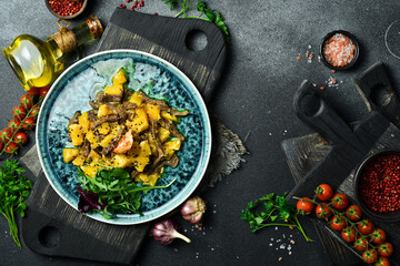 Stewed veal with orange and sesame. Free space for text. Close up.