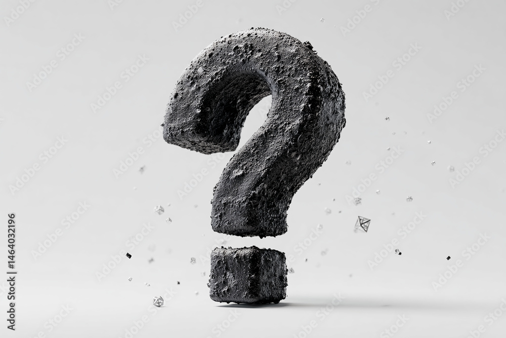 Aufkleber rough textured black question mark, floating above a cube, against a white background, symbolizing i