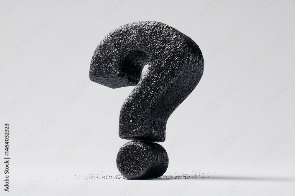 Poster black textured question mark, 3d render, stands on small round base, against white background, symbo