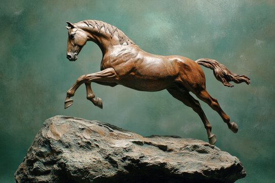 A bronze sculpture of a leaping steed atop a rock formation.