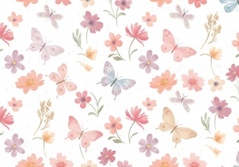 Fototapeta premium Pastel Butterflies and Flowers Seamless Pattern