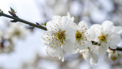 Delicate Blossoms of Spring: Close-up of Pure White Petals Opening to the Sun's Warmth