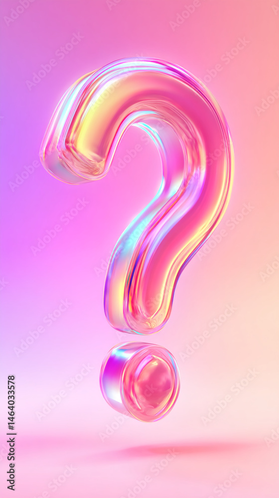 Poster iridescent pink question mark, 3d render, smooth glossy texture, symbolizing inquiry, uncertainty, o