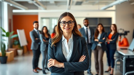 A confident businesswoman stands proudly with her diverse and successful team in a modern office setting showcasing leadership and collaboration.