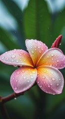 Pink Plumeria Flower with Water Droplets after Rain Shower