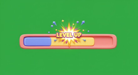 vector cartoon progress bar filling up with Level Up burst effect, centered on green screen
