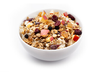 Granola bowl isolated on white.Muesli closeup.Organic backed grain flakes.Breackfast.